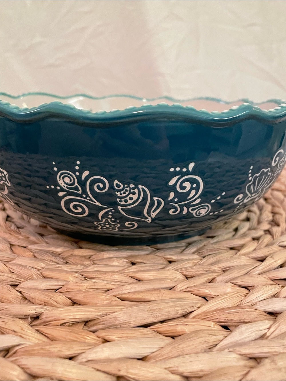 Temptations Teal Ceramic Bowl with White Floral Scrolls